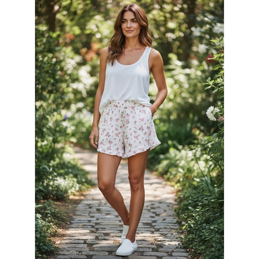 Cider Floral Ruffle Hem Shorts White Pink Rose Print‎ Elastic Waist XS
